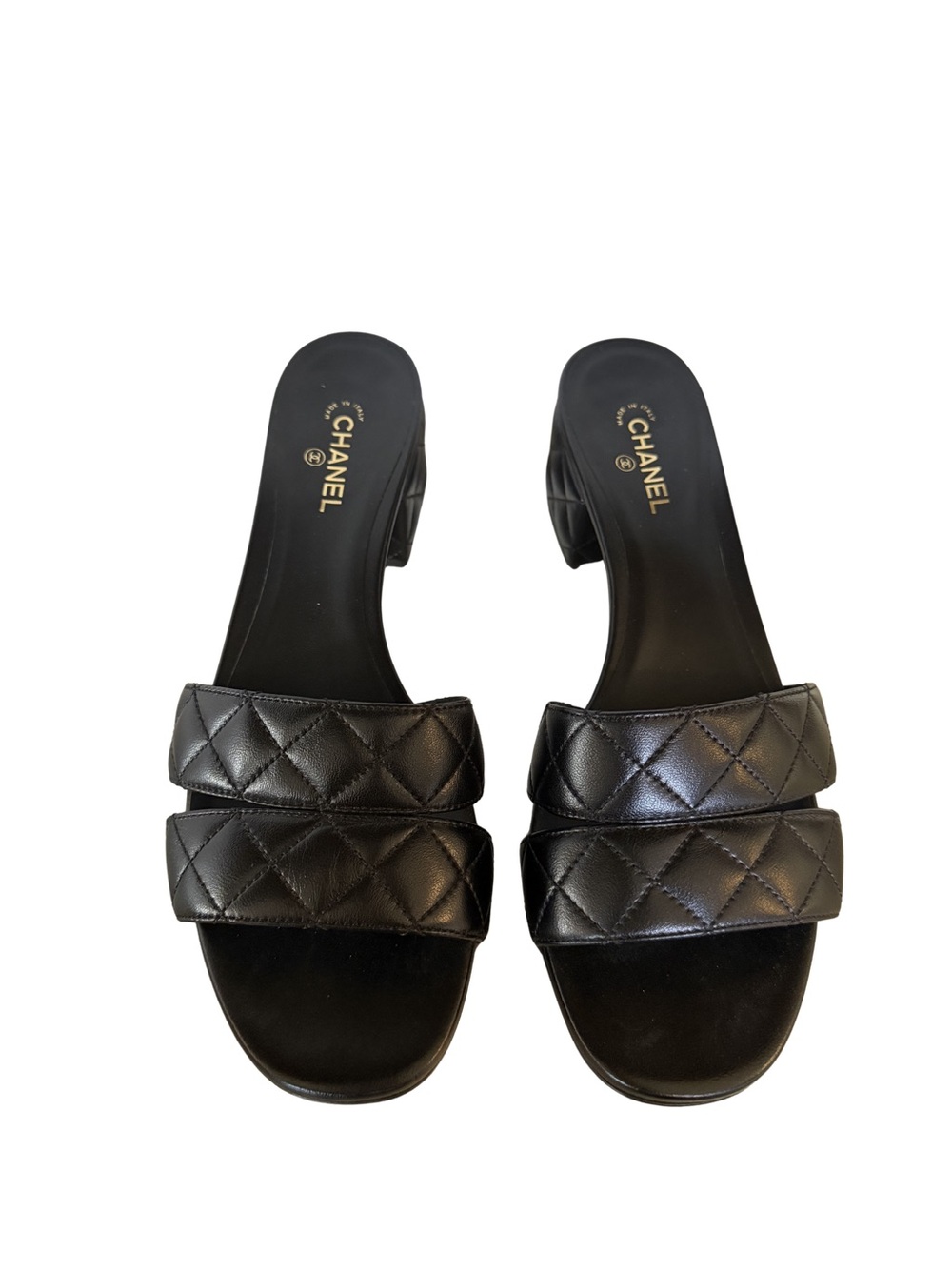 CHANEL Black Quilted Double-Strap Leather Mules Sandals
